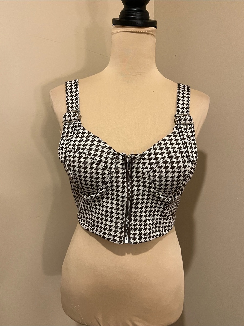Blashe Houndstooth Zip-Front Bustier Crop Top - Dark Brown & off white, medium